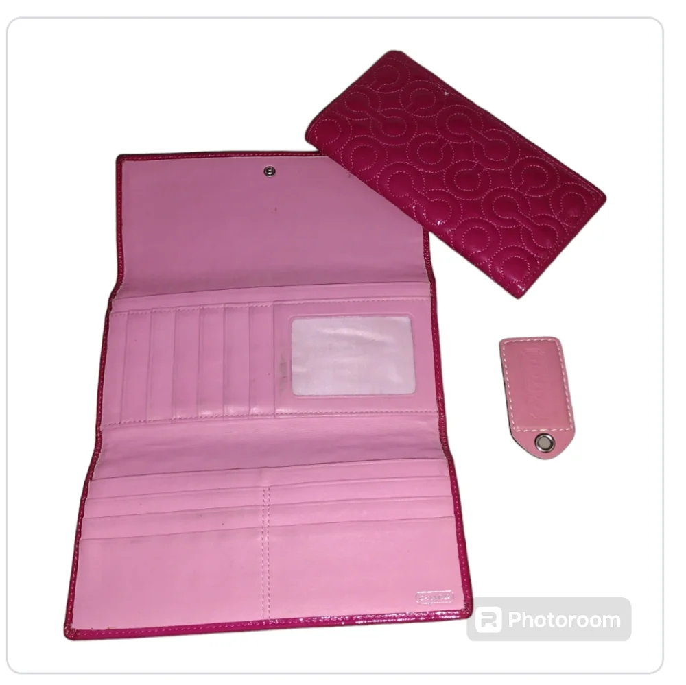 Large Vintage Vtg Coach Zoe Patent Leather Pink Bag, Coach Optic Wallet Pink…